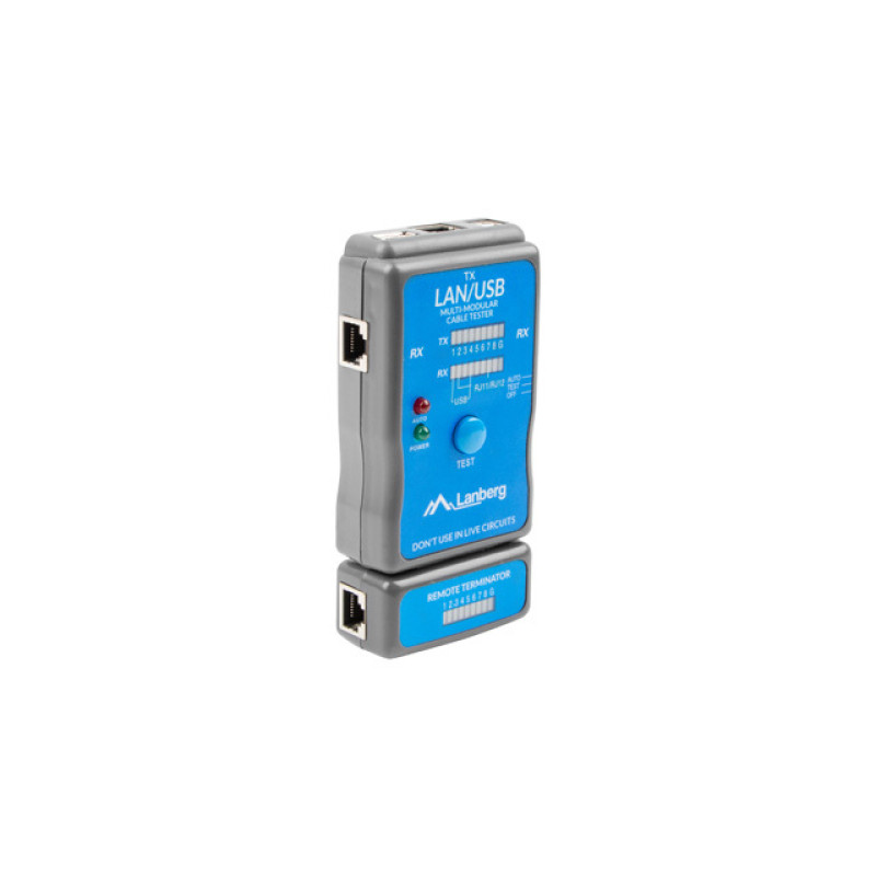 Lanberg NT-0403 NT-0403, Comprobador de alimentación PoE, RJ-11, RJ-45, USB, PoE testing, Azul, Coaxial