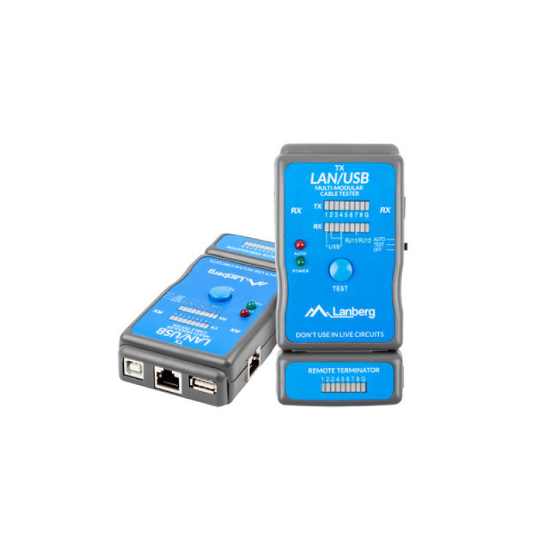 Lanberg NT-0403 NT-0403, Comprobador de alimentación PoE, RJ-11, RJ-45, USB, PoE testing, Azul, Coaxial