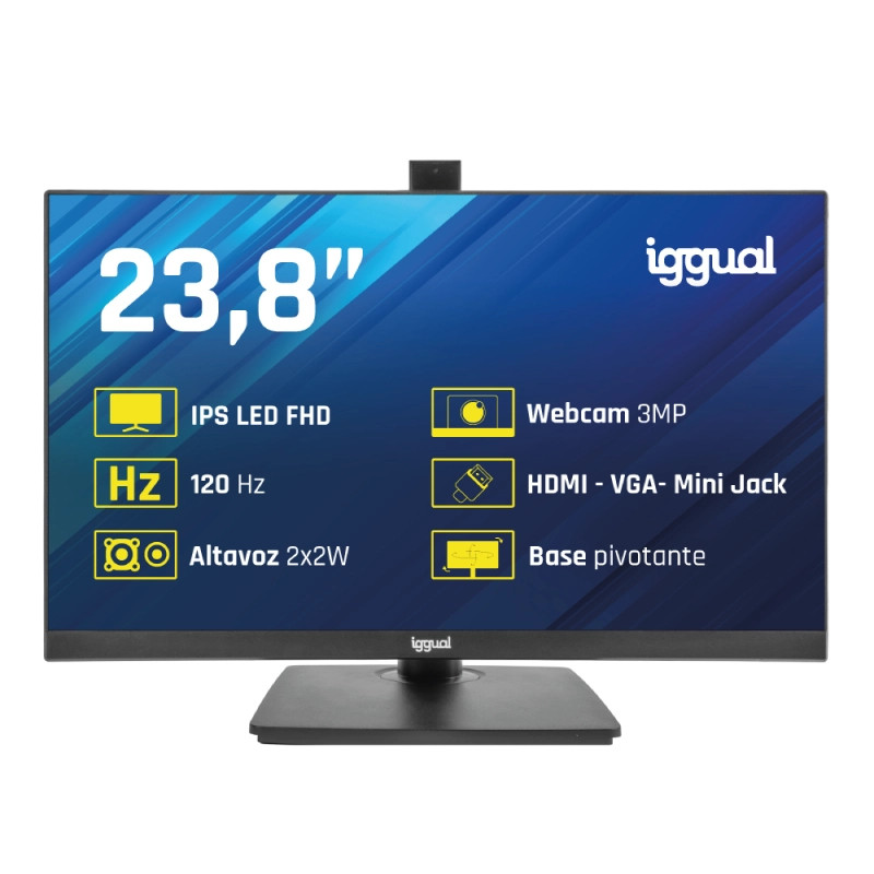iggual IGG320020 Monitor 23,8" IPS FHD 120Hz VGA HDMI webcam, 60,5 cm (23.8"), 1920 x 1080 Pixeles, Full HD, LED, 1 ms, Negro