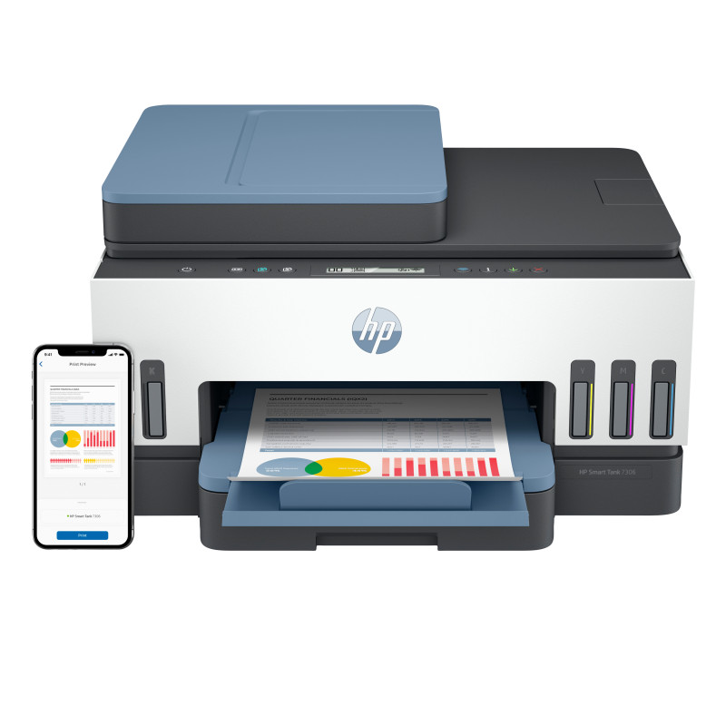 HP 28B76A Smart Tank 7306 Inalámbrico All-in-One Color Impresora, Impresión a doble cara; Copiadora y escáner, Inyección de