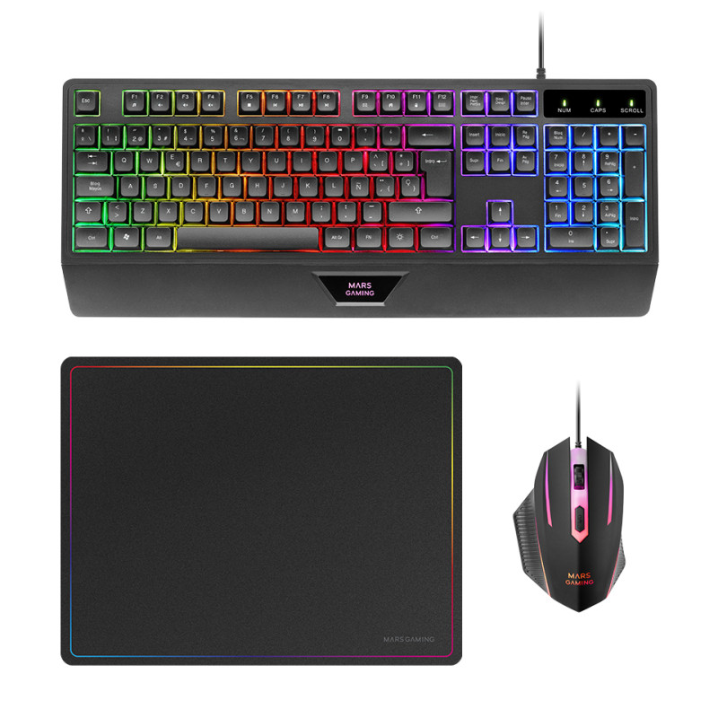 Mars Gaming MCP124FR MCP124, Combo Gaming 3en1, Teclado Ergonómico H-Mech LED RGB, Ratón RGB 3200DPI Switches HUANO,