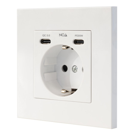 Nanocable 10.35.0012 Base de enchufe de pared tipo schuko con 2 USB-C PD - Max. 3.4A, Blanco, CEE 7/3, Blanco, 5 V, 3,4 A, 20