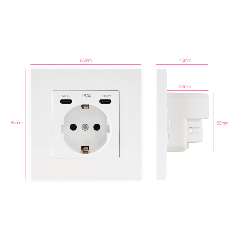 Nanocable 10.35.0012 Base de enchufe de pared tipo schuko con 2 USB-C PD - Max. 3.4A, Blanco, CEE 7/3, Blanco, 5 V, 3,4 A, 20