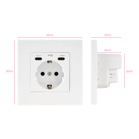 Nanocable 10.35.0012 Base de enchufe de pared tipo schuko con 2 USB-C PD - Max. 3.4A, Blanco, CEE 7/3, Blanco, 5 V, 3,4 A, 20