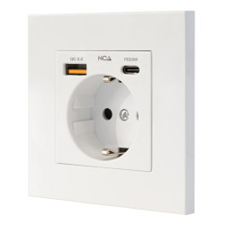 Nanocable 10.35.0011 Base de enchufe de pared tipo schuko con 1xUSB-A QC 3.0 + 1xUSB-C PD - Max. 3.4A, Blanco, AC + USB A + USB
