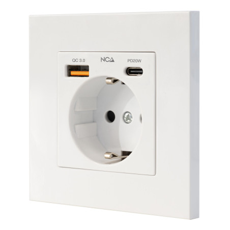 Nanocable 10.35.0011 Base de enchufe de pared tipo schuko con 1xUSB-A QC 3.0 + 1xUSB-C PD - Max. 3.4A, Blanco, AC + USB A + USB