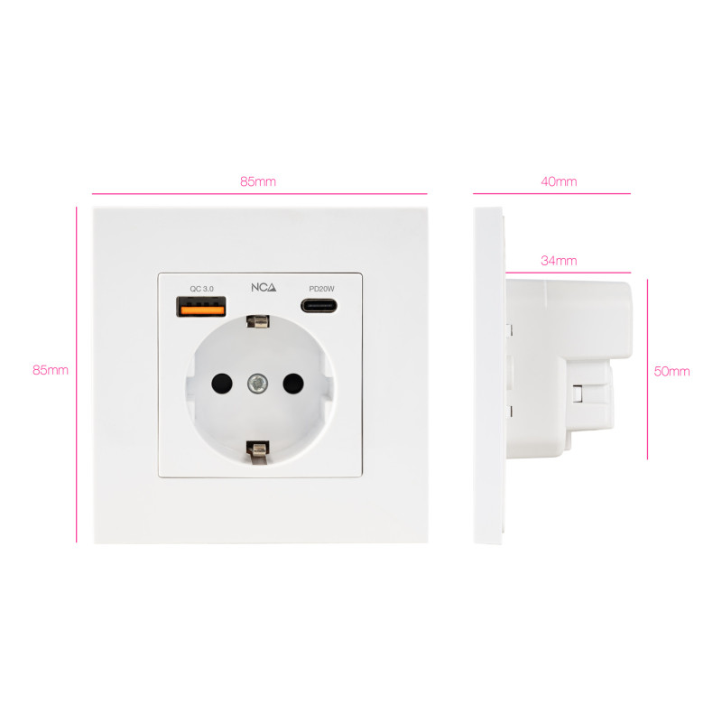 Nanocable 10.35.0011 Base de enchufe de pared tipo schuko con 1xUSB-A QC 3.0 + 1xUSB-C PD - Max. 3.4A, Blanco, AC + USB A + USB
