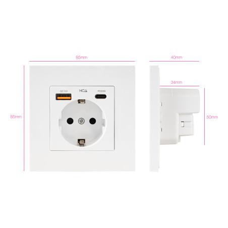Nanocable 10.35.0011 Base de enchufe de pared tipo schuko con 1xUSB-A QC 3.0 + 1xUSB-C PD - Max. 3.4A, Blanco, AC + USB A + USB