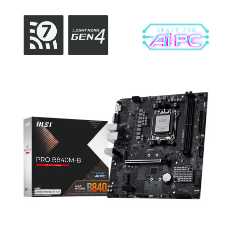 MSI PRO B840M-B PRO B840M-B, AMD, Zócalo AM5, AMD Ryzen 7000 Series, AMD Ryzen 8000 Series, AMD Ryzen 9000 Series, Zócalo