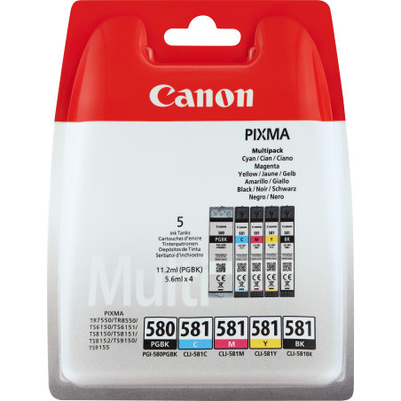 Canon 2078C005 PGI-580/CL-581, Rendimiento estándar, Negro, Cian, Magenta, Amarillo, 11,2 ml, 5,6 ml, 5 pieza(s), Multipack
