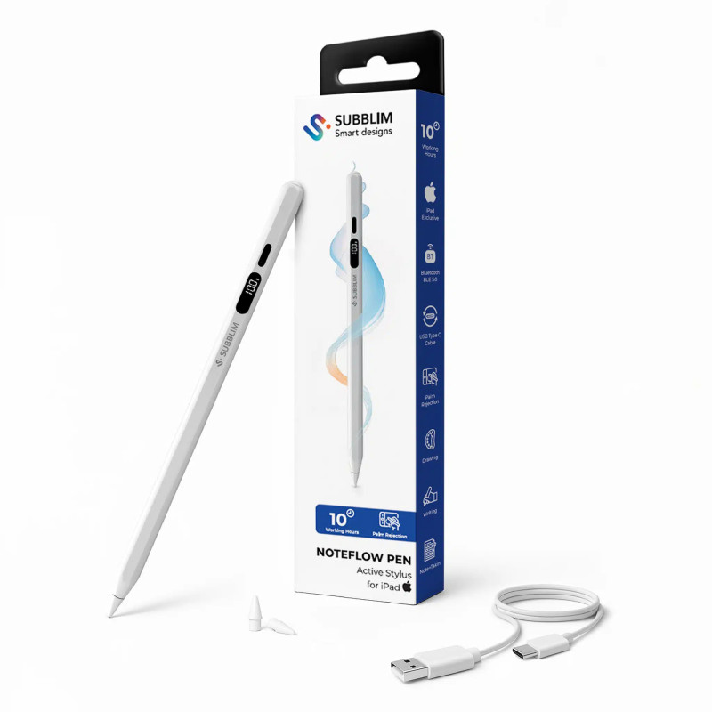 SUBBLIM SUBPEN-IOS001 NoteFlow StylusPen para iPad Pantalla Batería Li-Po USB-C Carga Palm Rejection, Tableta, Apple, Blanco,