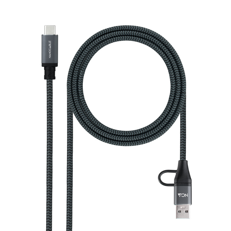 Nanocable 10.01.4111-L150-COMB Cable USB 3.2 Gen2x2 20Gbps 5A/100W, USB-C+USB-A/M a USB-C/M, Gris/Negro, 1.5m, 1,5 m, USB A/USB