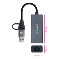 Nanocable 10.03.0411 Conversor USB-C+USB-A/M 3.0 a Ethernet, Aluminio, Gris, 15 cm, Alámbrico, USB 3.2 Gen 1 (3.1 Gen 1) 2