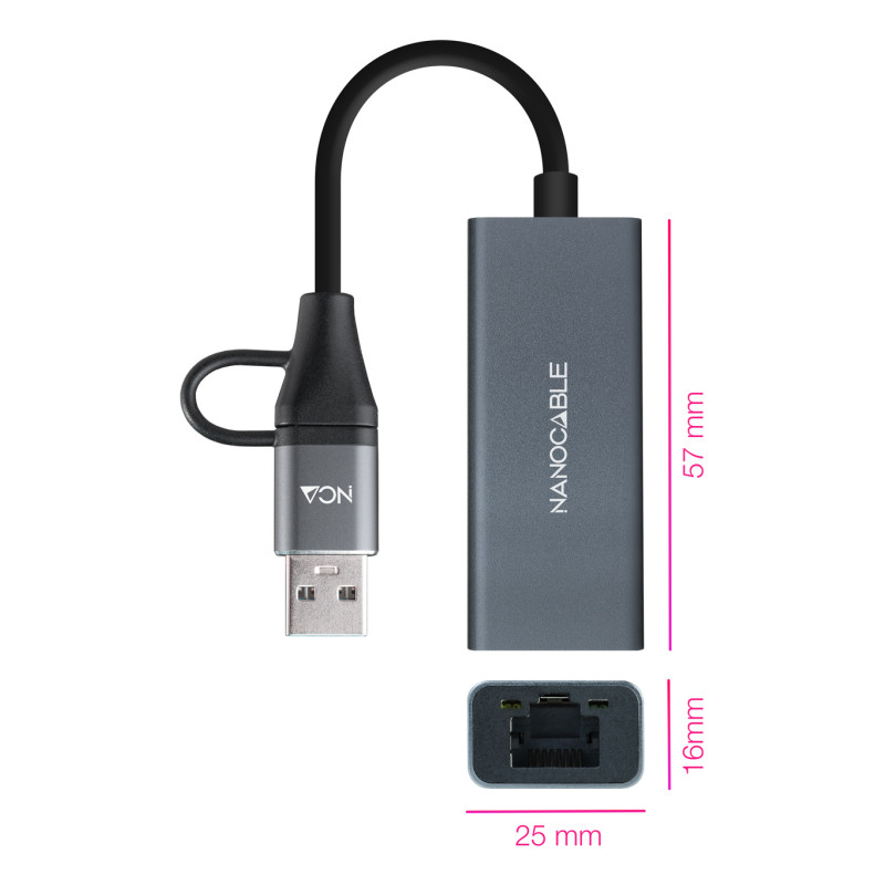 Nanocable 10.03.0411 Conversor USB-C+USB-A/M 3.0 a Ethernet, Aluminio, Gris, 15 cm, Alámbrico, USB 3.2 Gen 1 (3.1 Gen 1)