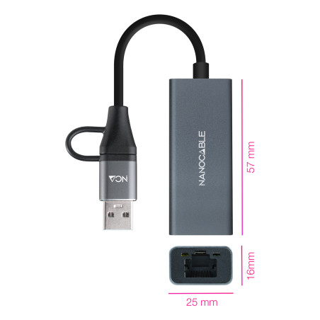 Nanocable 10.03.0411 Conversor USB-C+USB-A/M 3.0 a Ethernet, Aluminio, Gris, 15 cm, Alámbrico, USB 3.2 Gen 1 (3.1 Gen 1)