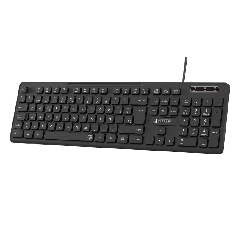SUBBLIM SUBKBC-0SSK50 Teclado Ergonómico Business Slim Silencioso con cable USB, Completo (100%), Alámbrico, USB, Interruptor