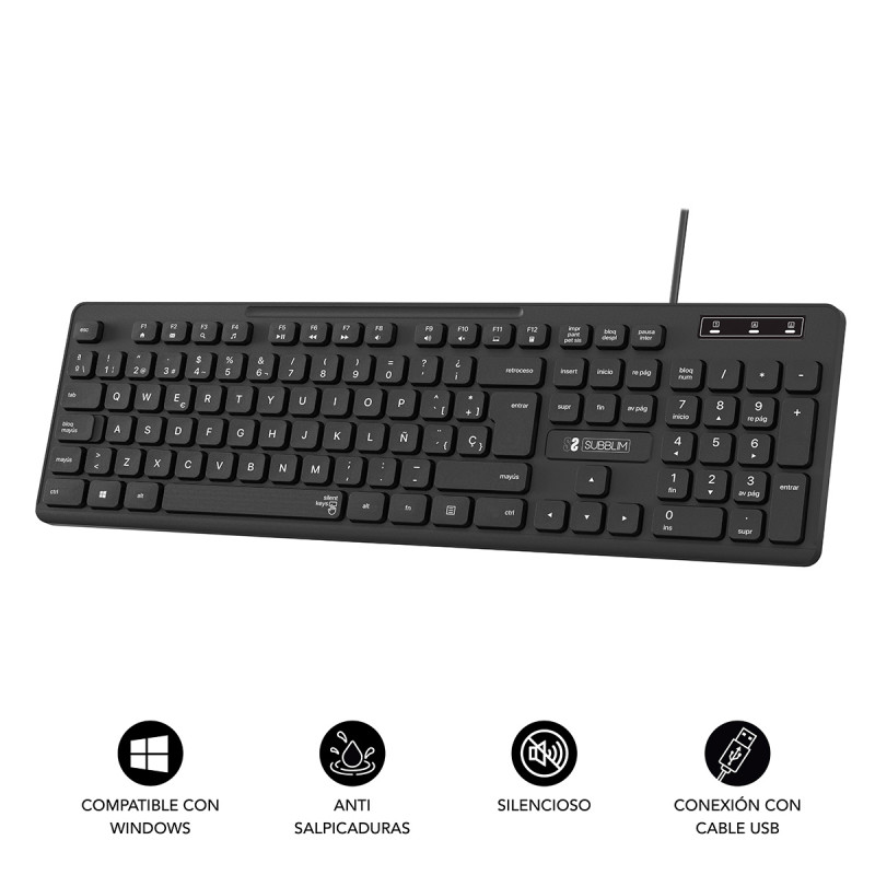SUBBLIM SUBKBC-0SSK50 Teclado Ergonómico Business Slim Silencioso con cable USB, Completo (100%), Alámbrico, USB, Interruptor
