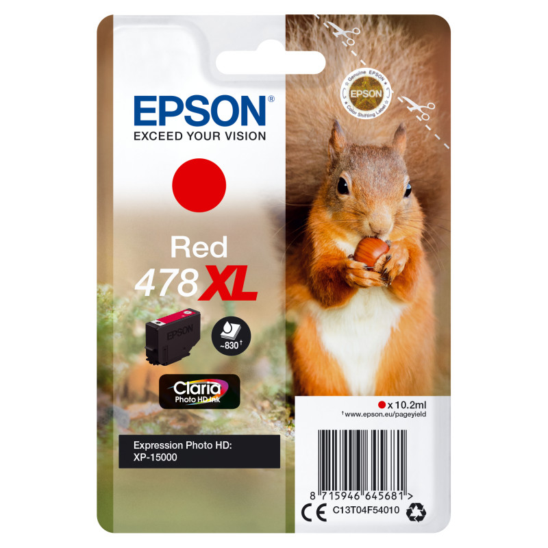 Epson C13T04F54010 Squirrel Singlepack Red 478XL Claria Photo HD Ink, Alto rendimiento (XL), Rojo, Tinta a base de pigmentos,