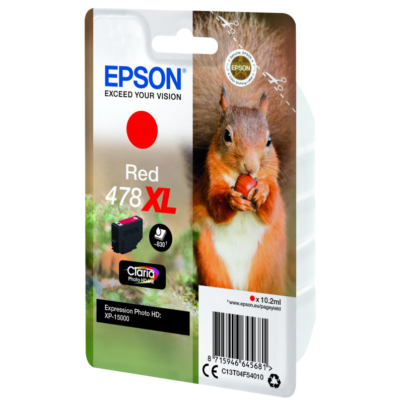Epson C13T04F54010 Squirrel Singlepack Red 478XL Claria Photo HD Ink, Alto rendimiento (XL), Rojo, Tinta a base de pigmentos,
