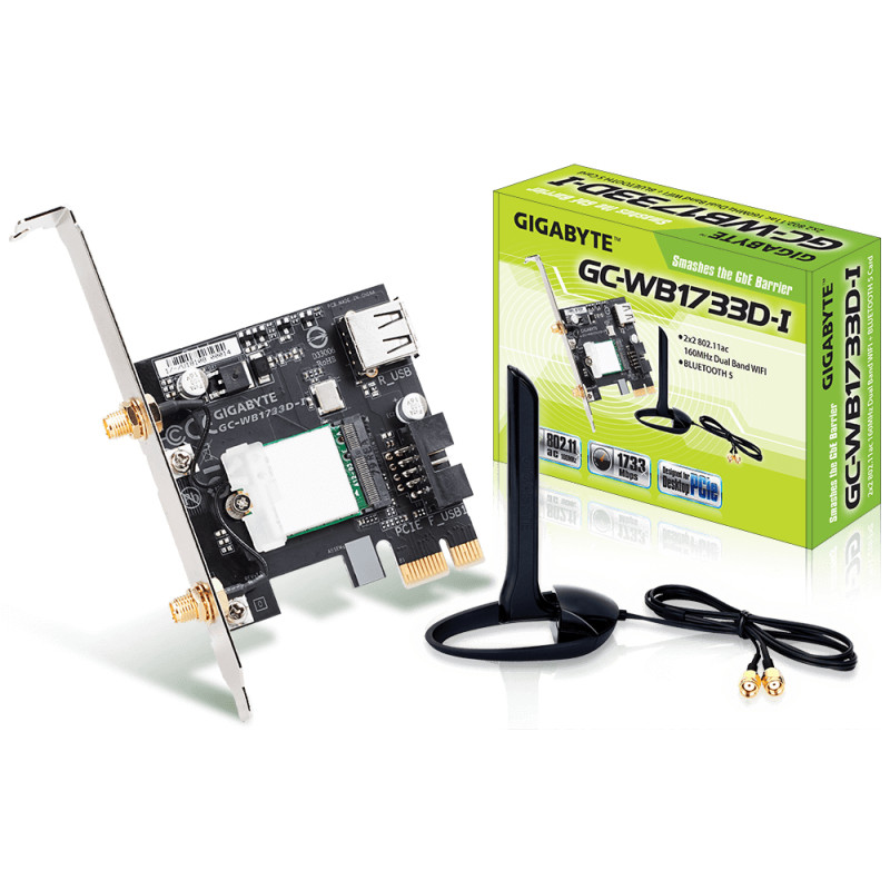 GIGABYTE GC-WB1733D-I GC-WB1733D-I, Interno, Inalámbrico, PCI Express, WLAN / Bluetooth, Wi-Fi 5 (802.11ac), 1733 Mbit/s