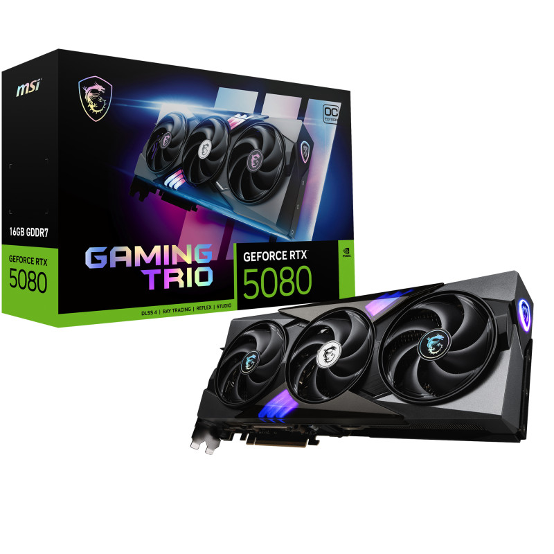 MSI GEFORCE RTX 5080 16G GAMING TRIO OC GAMING GEFORCE RTX 5080 16G TRIO OC, GeForce RTX 5080, 16 GB, GDDR7, 256 bit, 7680 x