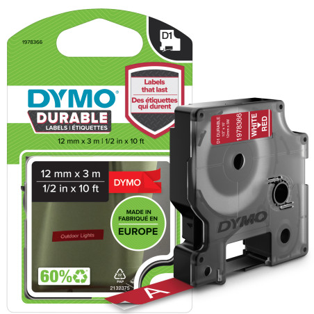 DYMO 1978366 Authentic D1 Etiquetas duraderas | Impresión en negro sobre cinta roja | 12 mm x 3 m | Cinta de etiquetado para