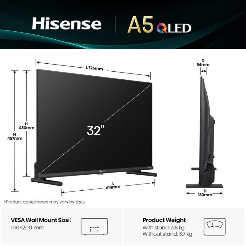 Hisense 20016449 32A5Q, 81,3 cm (32"), 1920 x 1080 Pixeles, QLED, Smart TV, Wifi, Negro