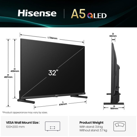 Hisense 20016449 32A5Q, 81,3 cm (32"), 1920 x 1080 Pixeles, QLED, Smart TV, Wifi, Negro