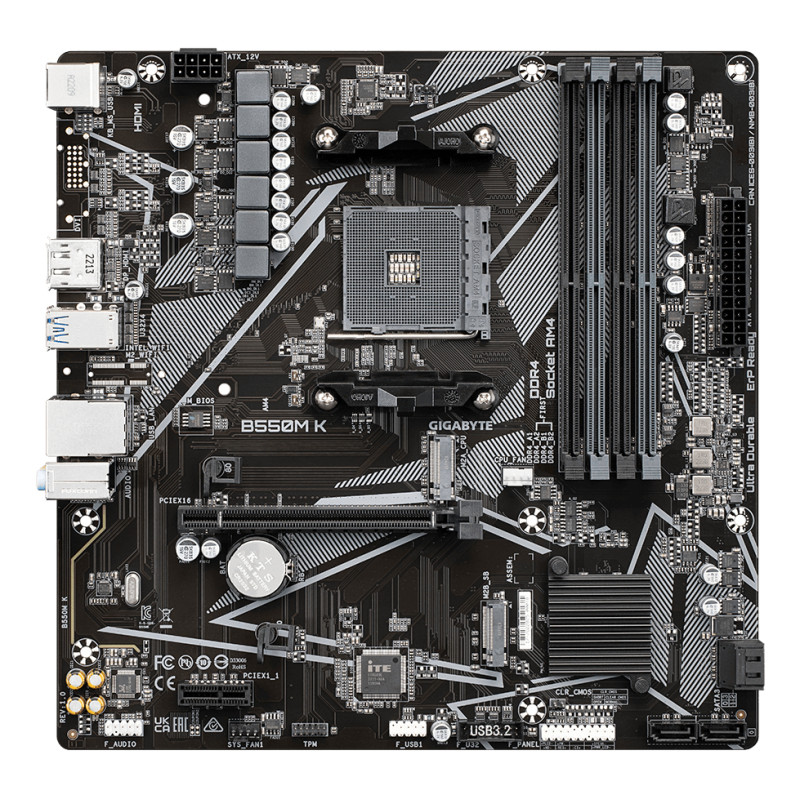 GIGABYTE B550M K B550M K Placa base - Procesadores AMD Ryzen 5000, hasta 4733 MHz DDR4, 1xPCIe 4.0 + 1xPCIe 3.0 M.2, LAN 1GbE,