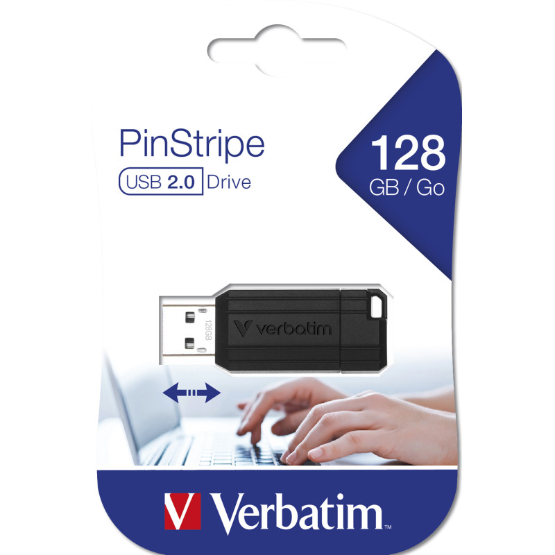 Verbatim 49071 PinStripe - Unidad USB de 128 GB - Negro, 128 GB, USB tipo A, 2.0, 10 MB/s, Tapa, Negro