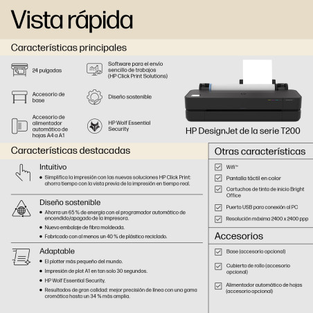 HP 5HB06D#B19 Designjet Impresora T250 de 24 pulgadas; edición 2025, Inyección de tinta térmica, 2400 x 1200 DPI, JPEG, URF,
