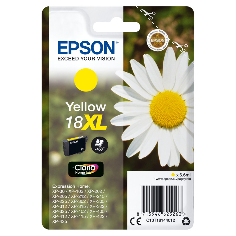 Epson C13T18144012 Daisy Cartucho 18XL amarillo, Alto rendimiento (XL), Amarillo, Tinta a base de pigmentos, 6,6 ml, 1