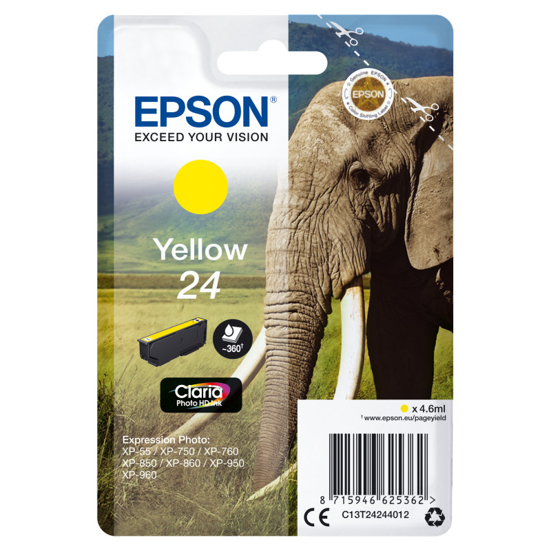 Epson C13T24244012 Elephant Cartucho 24 amarillo, Rendimiento estándar, Amarillo, Tinta a base de pigmentos, 4,6 ml, 1