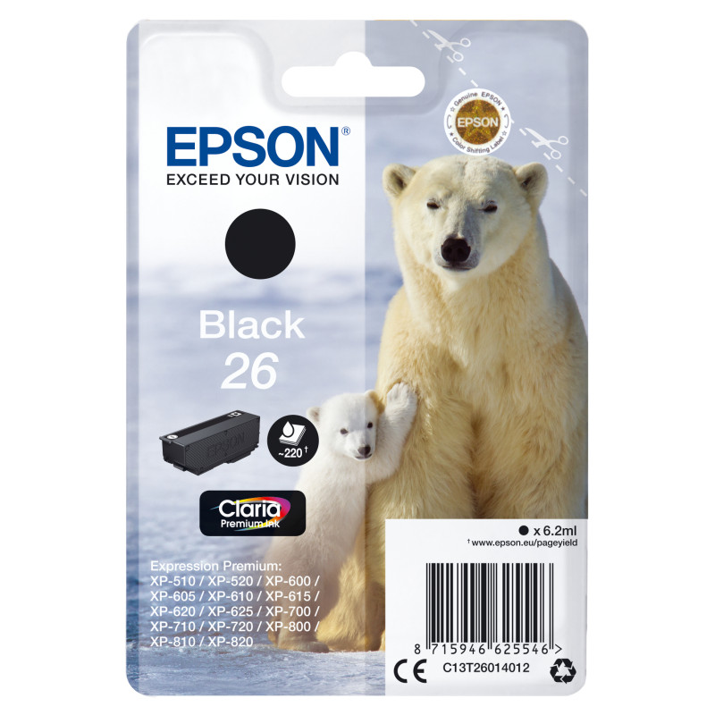 Epson C13T26014012 Polar bear Cartucho 26 negro, Rendimiento estándar, Negro, Tinta a base de pigmentos, 6,2 ml, 1 pieza(s),