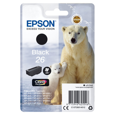 Epson C13T26014012 Polar bear Cartucho 26 negro, Rendimiento estándar, Negro, Tinta a base de pigmentos, 6,2 ml, 1 pieza(s),