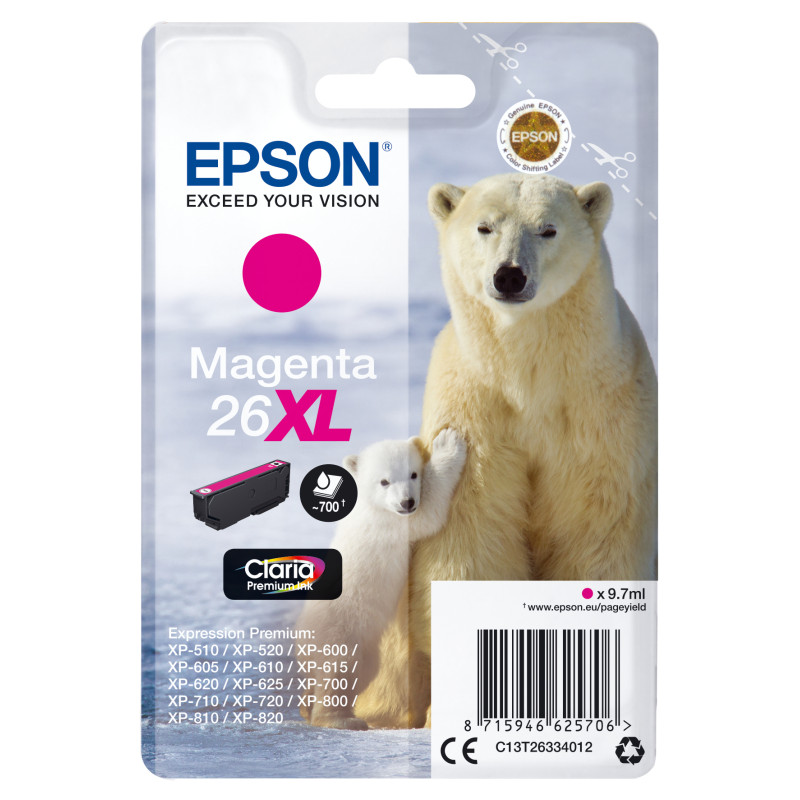 Epson C13T26334012 Polar bear Cartucho 26XL magenta, Alto rendimiento (XL), Magenta, Tinta a base de pigmentos, 9,7 ml, 1
