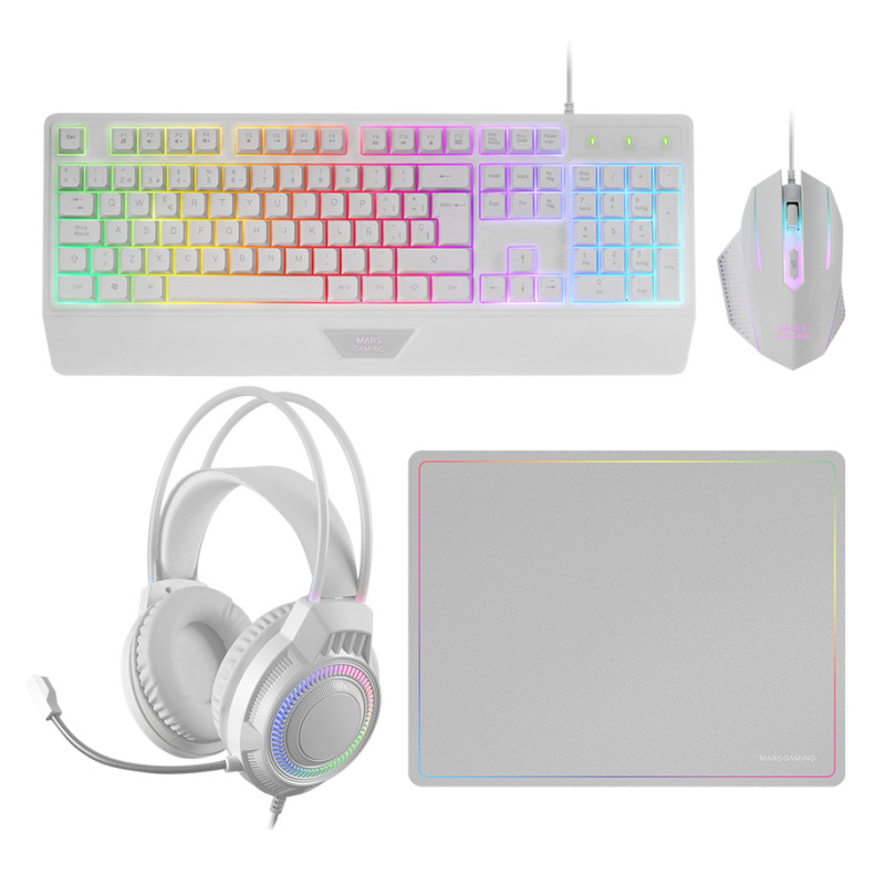 Mars Gaming MCP124PROWES MCP124PRO, Combo Gaming 4en1, Teclado RGB H-Mech con Reposamuñecas, Ratón RGB 3200DPI y Switches