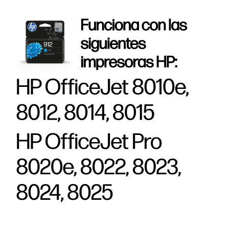 HP 3YL77AE Cartucho de tinta Original 912 cian, Rendimiento estándar, Cian, Tinta a base de pigmentos, 2,9 ml, 1 pieza(s),