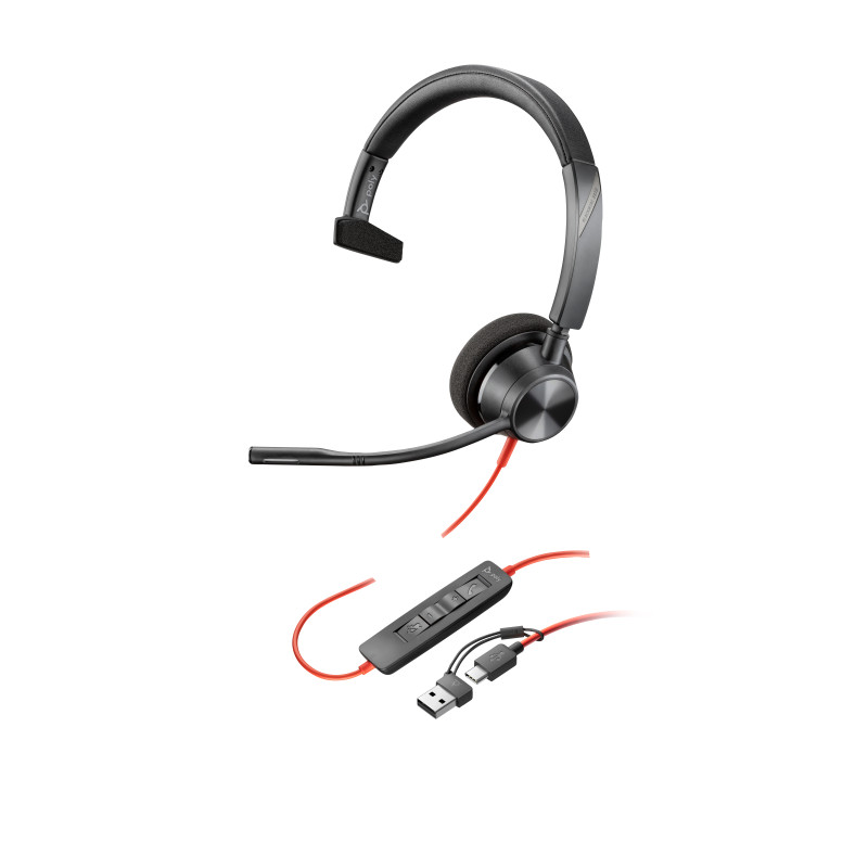 HP Poly 8X215AA Auriculares monoaurales Poly Blackwire 3310 USB-C + Adaptador USB-C/A, Alámbrico, Business/Everyday, 103 g,