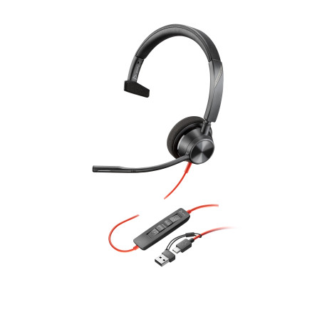 HP Poly 8X215AA Auriculares monoaurales Poly Blackwire 3310 USB-C + Adaptador USB-C/A, Alámbrico, Business/Everyday, 103 g,