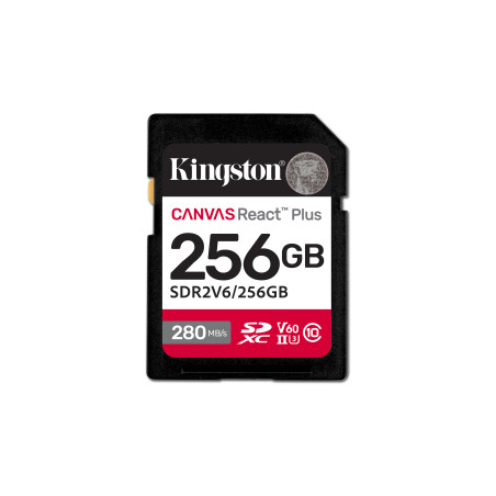 Kingston Technology SDR2V6/256GB 256GB Canvas React Plus SDXC UHS-II 280R/150W U3 V60 for Full HD/4K, 256 GB, SDXC, Clase 10,