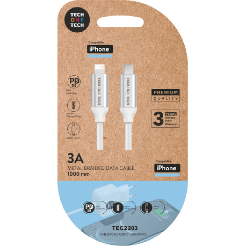 TECH ONE TECH TEC2203 TEC2203, 1 m, Lightning, USB C, Macho, Macho, Blanco