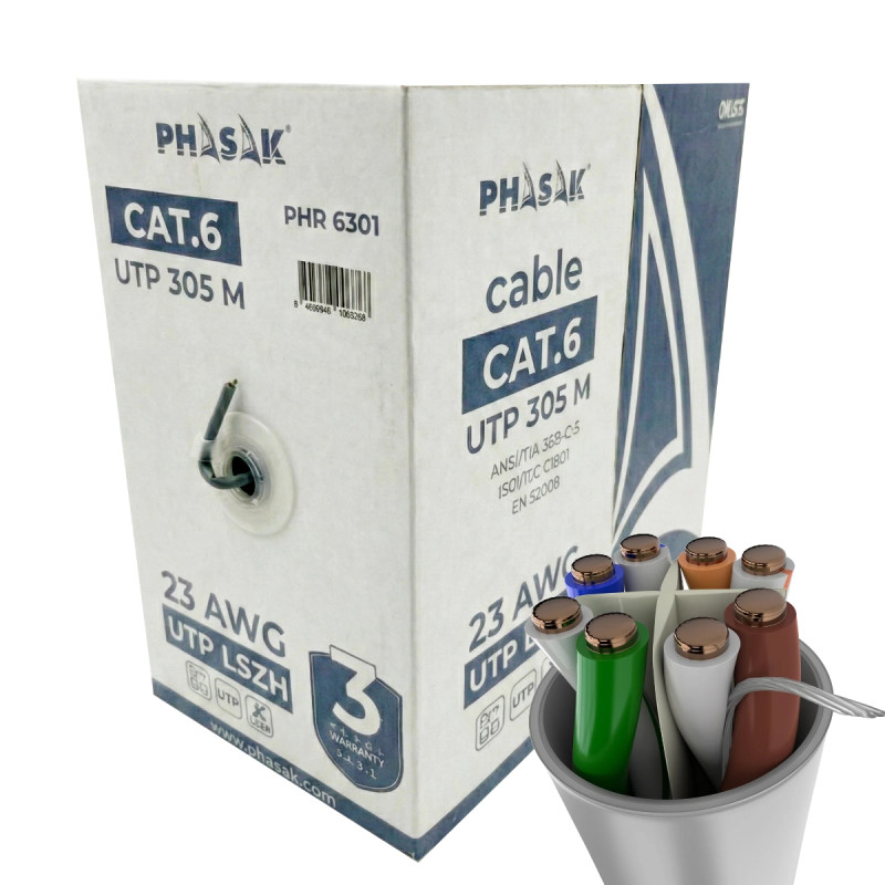 Phasak PHR 6301 Bobina de Cable de Red Cat.6 UTP LSZH Sólido AWG23 CCA 305M - PHR 6301, 305 m, Cat6, U/UTP (UTP), Gris