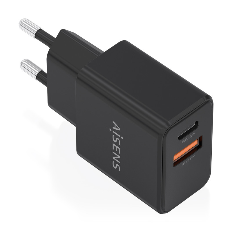 AISENS A110-1026 Cargador GaN 20W, 1xUSB-C PD3.0, 1xUSB-A QC3.0, Negro, Interior, Corriente alterna, 12 V, Negro