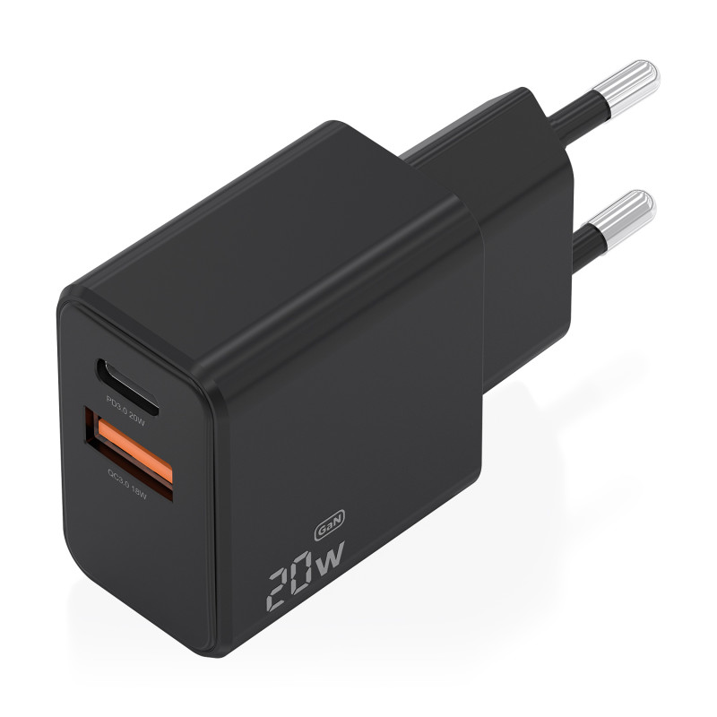 AISENS A110-1026 Cargador GaN 20W, 1xUSB-C PD3.0, 1xUSB-A QC3.0, Negro, Interior, Corriente alterna, 12 V, Negro
