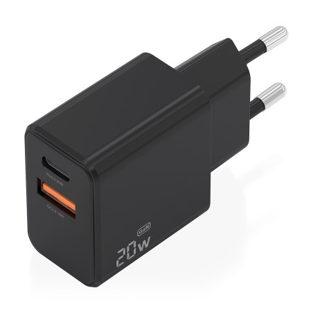 AISENS A110-1026 Cargador GaN 20W, 1xUSB-C PD3.0, 1xUSB-A QC3.0, Negro, Interior, Corriente alterna, 12 V, Negro