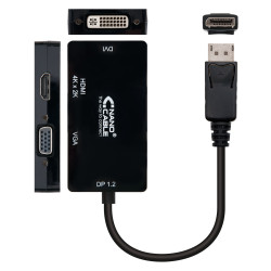Nanocable 10.16.3301-BK Conversor Displayport a VGA / HDMI, 3 en 1, DP 1.2/M-VGA/H-HDMI/H 4K, Negro, 15 cm, 0,15 m, Negro, 2