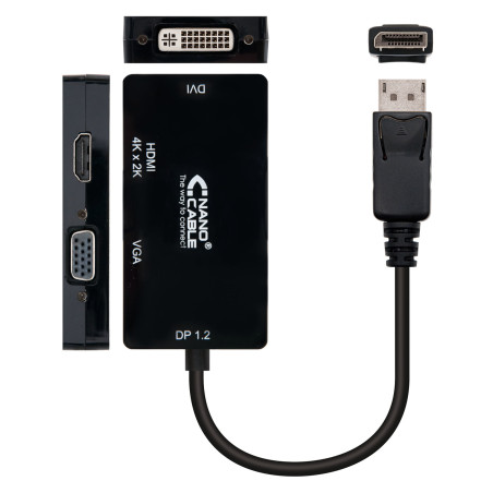 Nanocable 10.16.3301-BK Conversor Displayport a VGA / HDMI, 3 en 1, DP 1.2/M-VGA/H-HDMI/H 4K, Negro, 15 cm, 0,15 m, Negro,