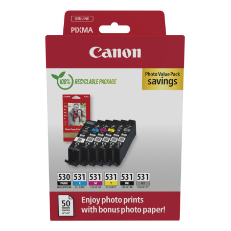 Canon 6117C004 PGI-530/CLI-531 PVP, Negro, Cian, Gris, Magenta, Foto negro, Amarillo, 6 pieza(s), Pack formato ahorro para
