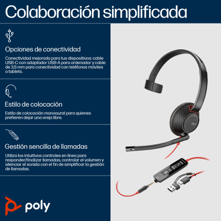 HP Poly 8X230AA Auriculares Poly Blackwire 5210 monaural USB-C + conector de 3,5 mm + adaptador USB-C/A, Alámbrico,